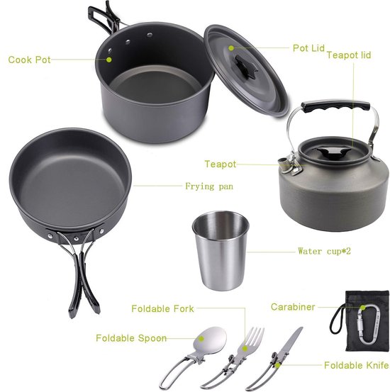 Kookgerei - 9 -delig - voor kamperen, outdoor, wandelen, picknick, BBQ, opvouwbare campingpannen - veilig en BPA - Geschikt voor 2-3 personen camping pannenset van Merkloos — afbeelding 2