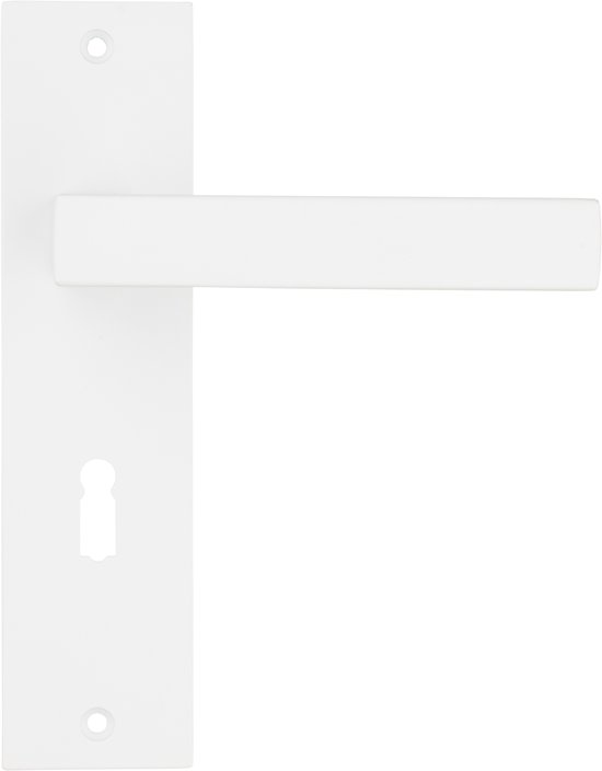 Witte deurklink op een kort schild met sleutelgat. De klink is recht en heeft een mat witte afwerking.