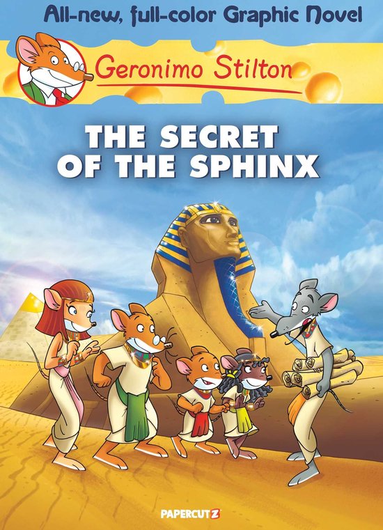 Geronimo Stilton stripboek The Secret of the Sphinx met muizen in Egyptische kledij voor de Grote Sfinx.