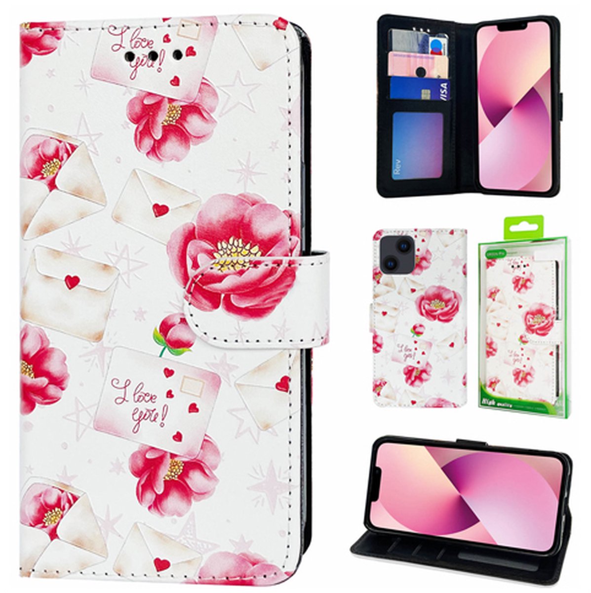 Telefoonhoesje Geschikt voor iPhone 11 - Bookcase Print - Red Flower - Ruimte voor 3 pasjes