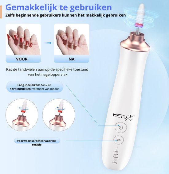 MetuX® Lime à Ongles Électrique - Coupe-Ongles - Set Manucure et Pédicure - Sans Fil - 12 Embouts - Avec Station de Charge - Dissolvant de Callosités - Limes à ongles Bébé - Set de manucure Bébé - Coupe-ongles