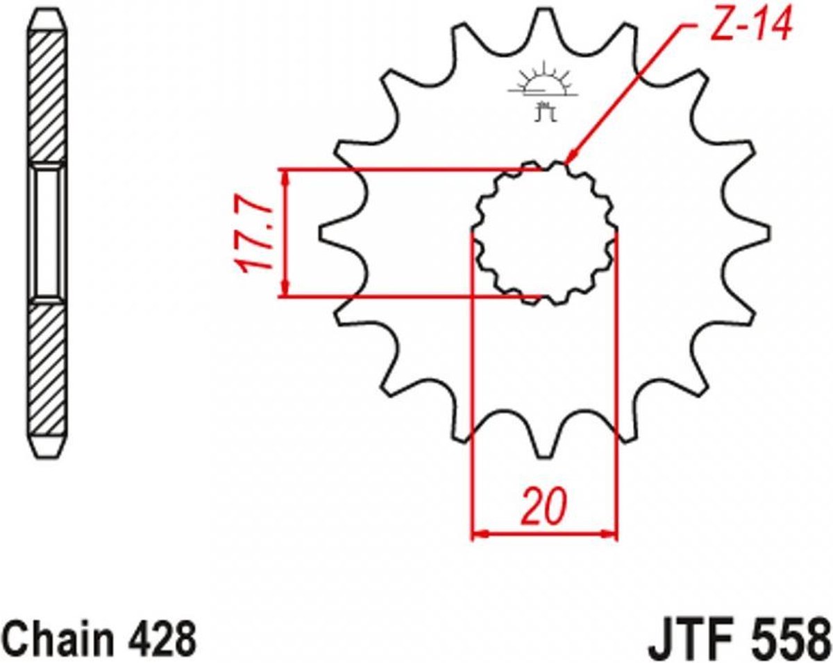 14 dts p428 versnellingsbak uitgaand tandwiel voor derbi 125 gpr motorfiets 2004 tot 2008 jtf558.14