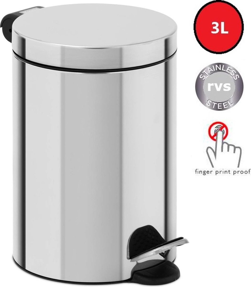 Pedaalemmer 3L – RVS – Prullenbak - Vuilnisbak - Afvalemmer - Afvalbak - Badkamerprullenbak - Perfect voor Toilet, Badkamer, Keuken of Kantoor