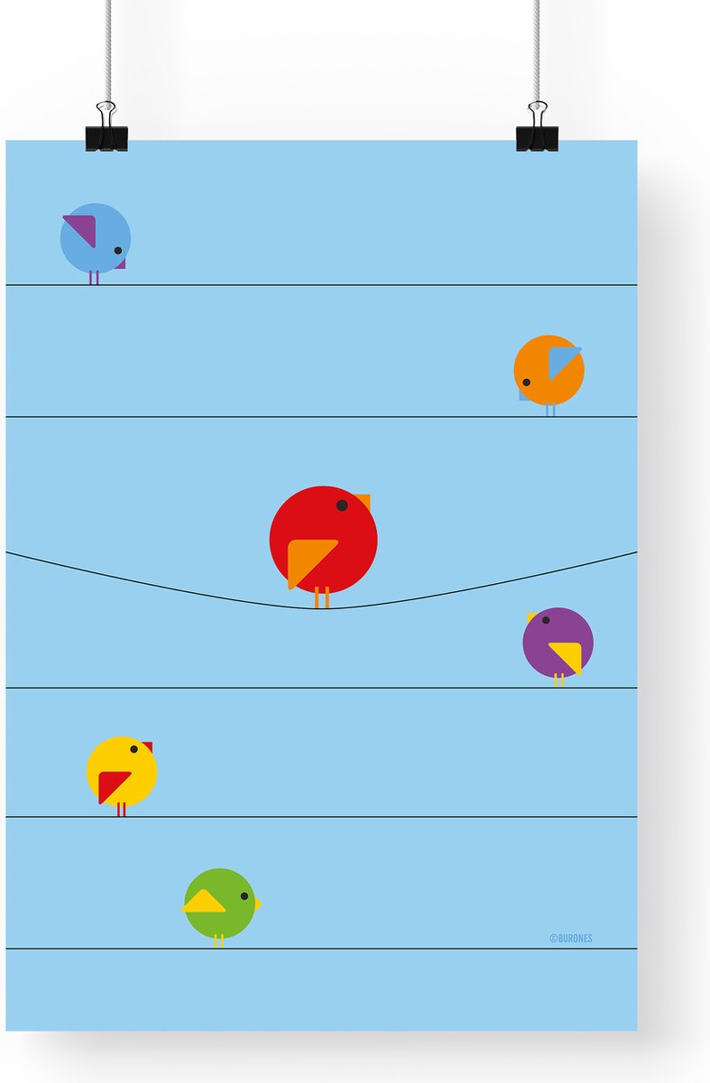 Artprint Vogels op draad - Vogel illustratie in A3 formaat - Poster kleurrijke abstracte vogeltjes