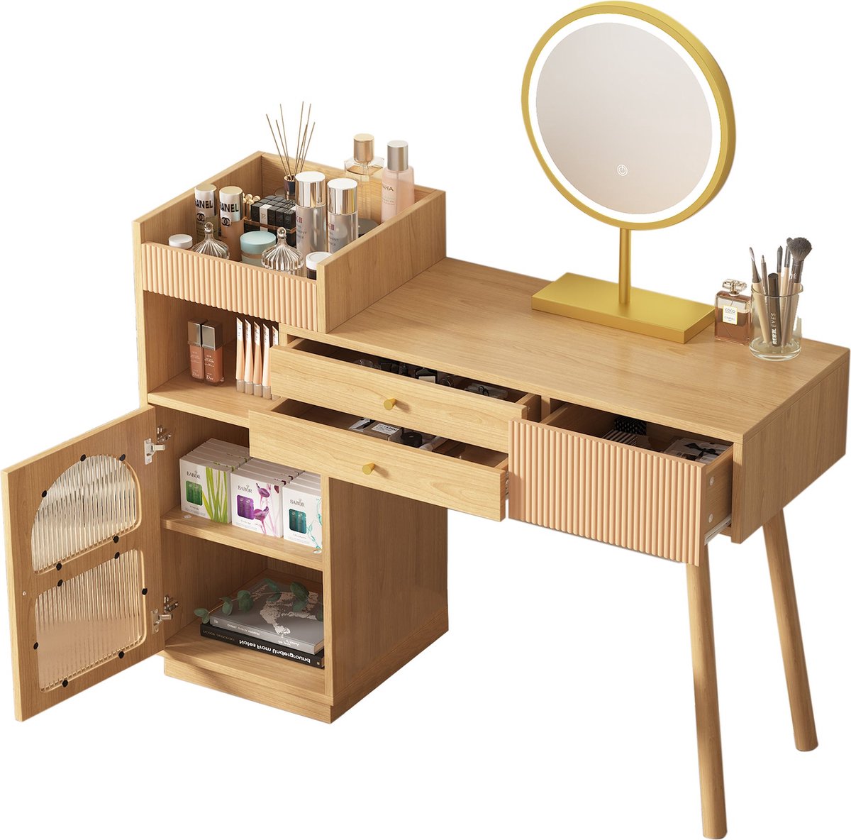 Merax Kaptafel - Houten Bureau met LED Spiegel - 120x40x90 cm - Inclusief Kast en 3 Lades - Bruin