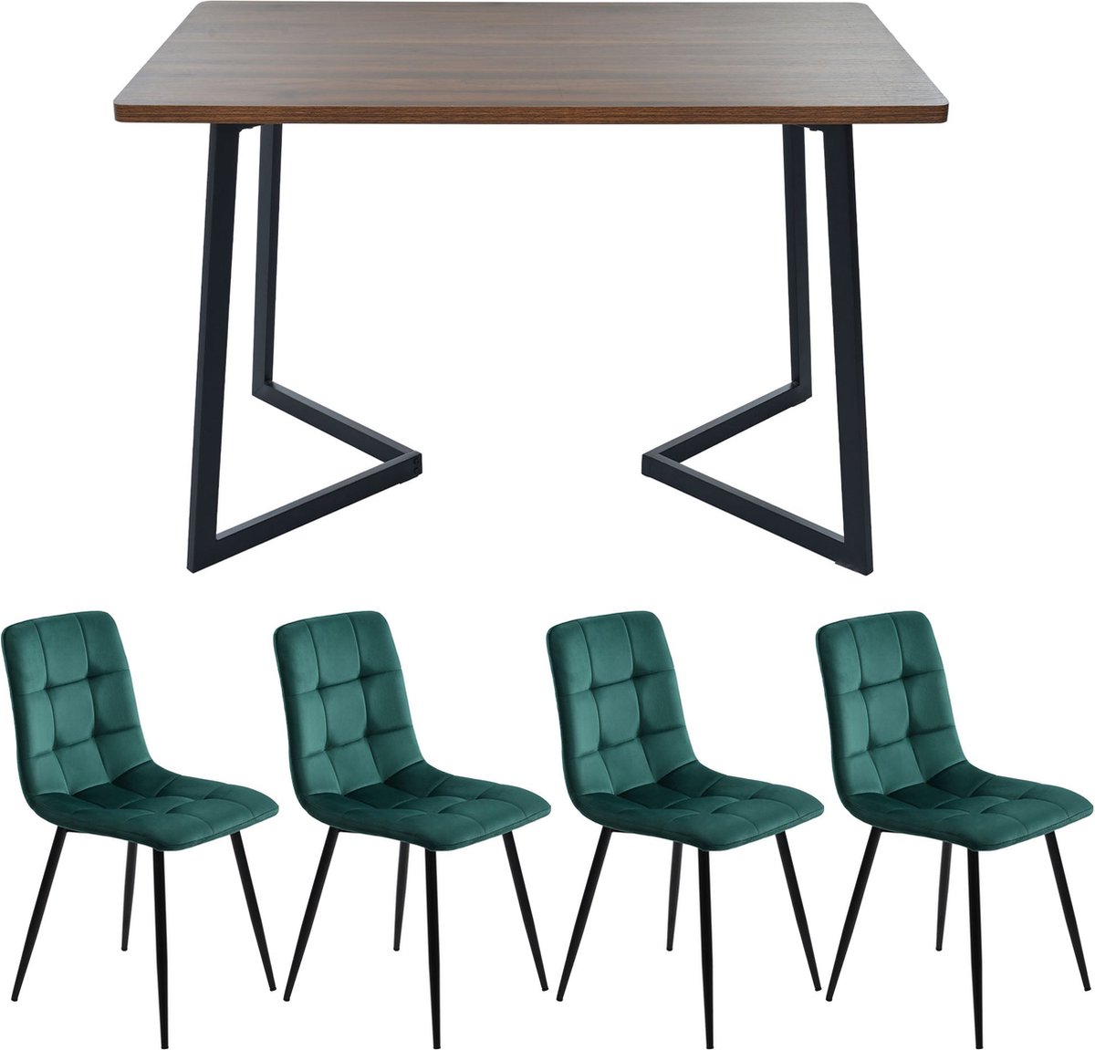 Merax Eetkamerset 5-delig – Bruine Eettafel met 4 Groene Fluwelen Eetkamerstoelen en Zwarte Poten