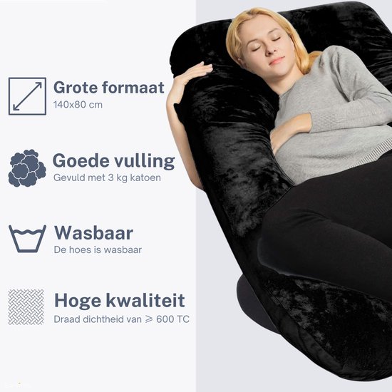 Earkings Zwangerschapskussen Zijslaapkussen 140x80cm U-vorm met Afneembare hoes - Body Pillow Zwart van Earkings — afbeelding 3