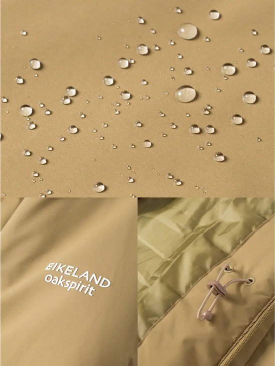 Collage : gouttes d'eau sur tissu beige, logo 'EIKELAND oakspirit' et détail cordon de serrage parka.