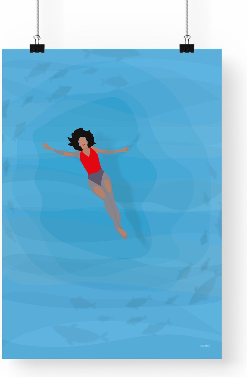 Artprint Loslaten - Zwemmer illustratie in A3 formaat - Poster met meisje drijvend op het water