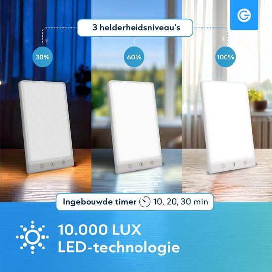 Daglichtlamp 10.000 Lux - Ingebouwde Timer - 3 Standen - Meer Energie - Nachtrust - LED Bureaulamp - Daylight Lamp - Winterdepressie - Gezicht - Lichttherapielamp - Wit - Silvergear