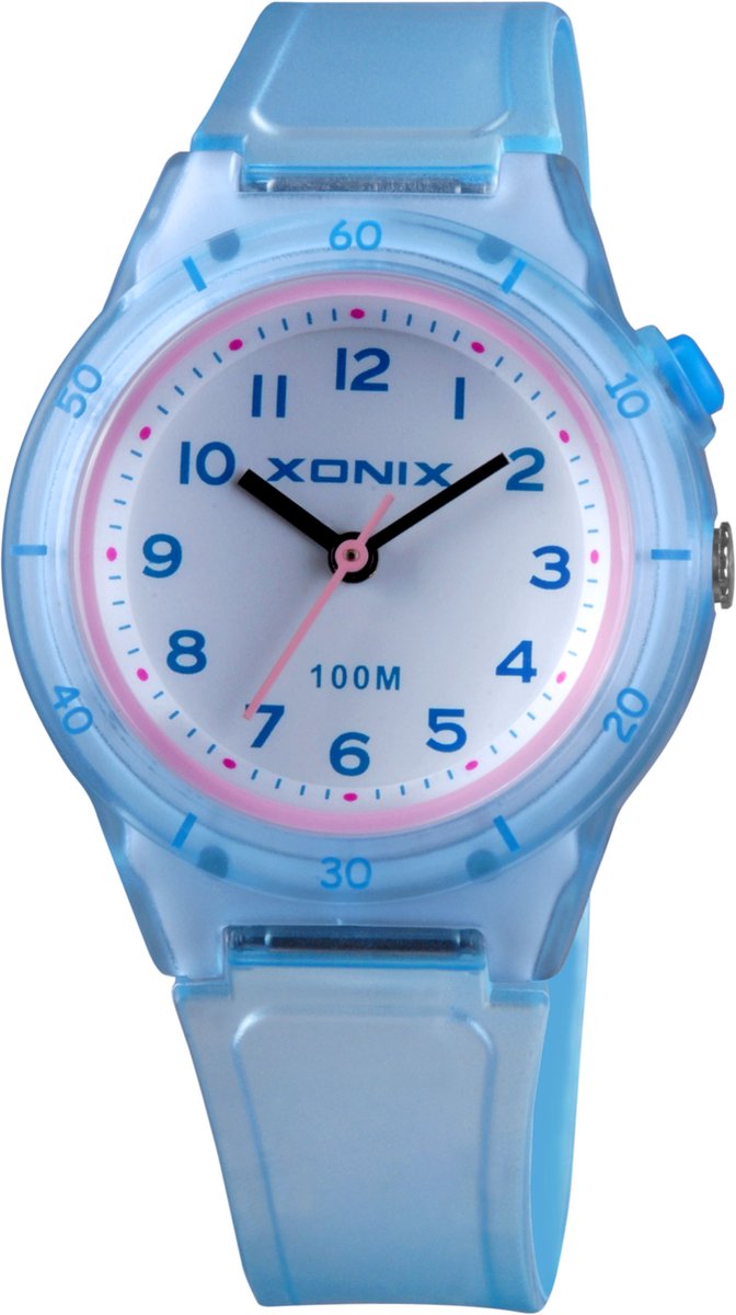 Xonix ABU-001 - Horloge - Polshorloge - Analoog - Kinderen - Unisex - Siliconen band - Rond - Kunststof-ABS - Cijfers - LichtBlauw-Transparant - Roze-Transparant - Wit - Waterdicht