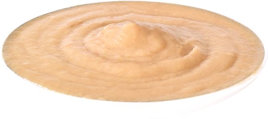 Een kom gevuld met een lichte, beige, romige saus met een swirlpatroon.