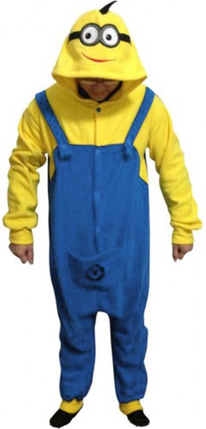KIMU Onesie Minion Pak - Maat M-L - 170 176 Monster Kostuum Geel Blauw Overall Jumpsuit Huispak Fleece Pyjama Dames Heren Volwassenen Sinterklaas Kado