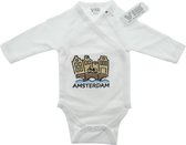 VIB® - Overslag romper 'AMSTERDAM' - wit (0-3 m) - Babykleertjes - romper - rompertjes - rompertjes met tekst - baby cadeau - baby aankondiging - overslagromper