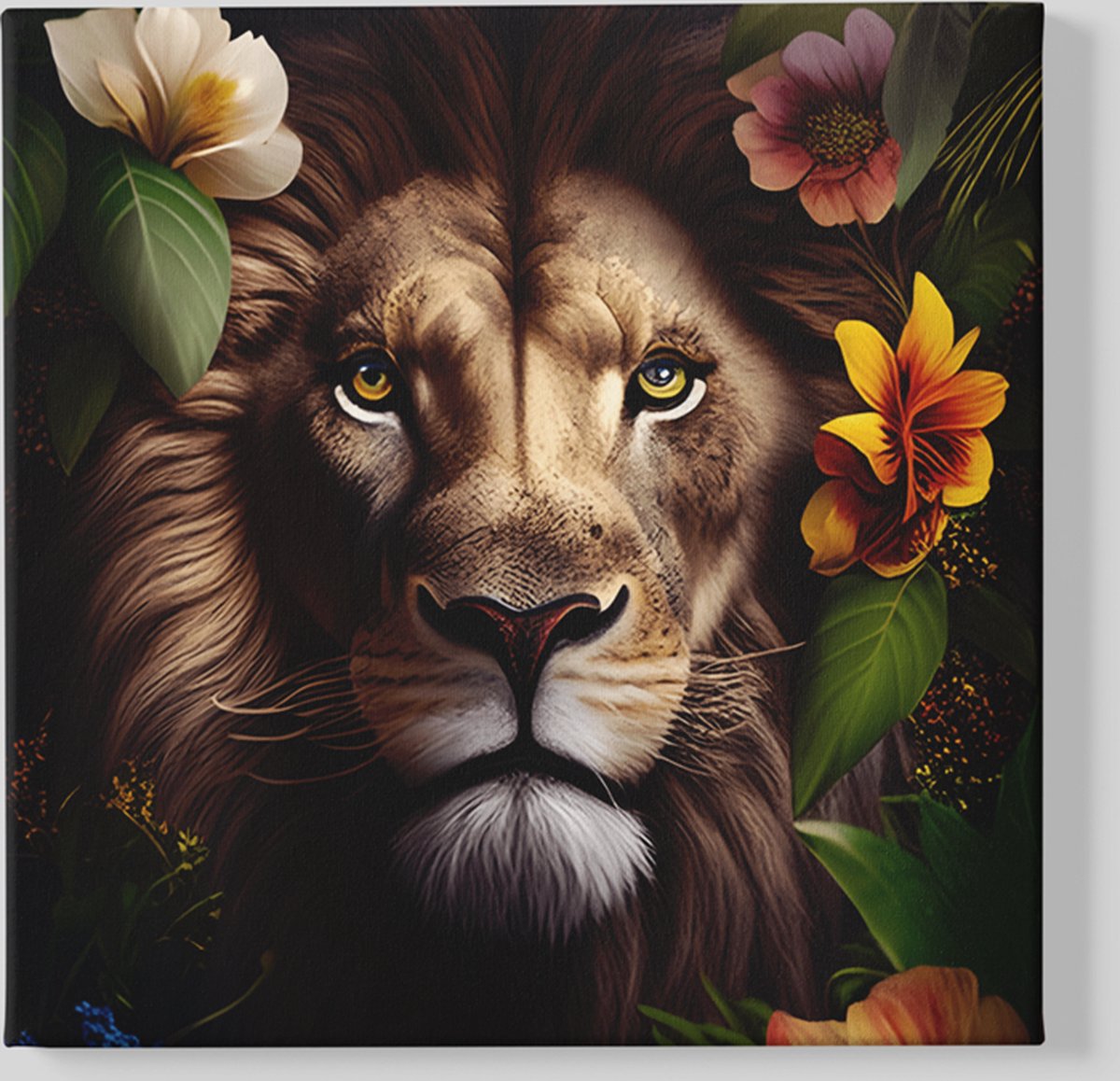Trendex Global Vierkant Canvas Schilderij - Wilde Dieren - Leeuw en Bloemen - 60x60x2 cm Kleurrijk