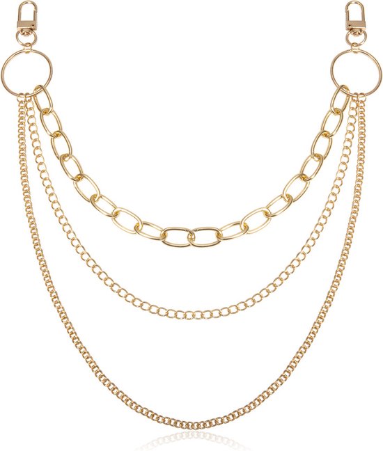 Gouden pantalonketting met drie lagen fijne en grove schakels, voorzien van karabijnsluitingen.