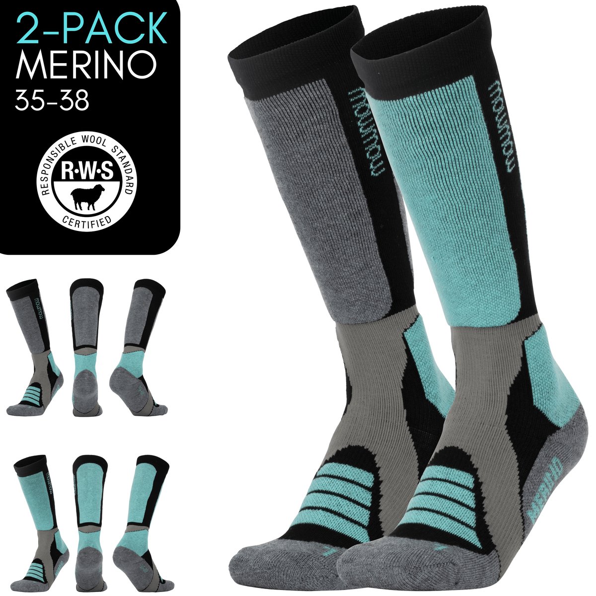 MowMow Skisokken Zilverionen Antibacterieel Heren Dames 35-38 Merino 2-pack