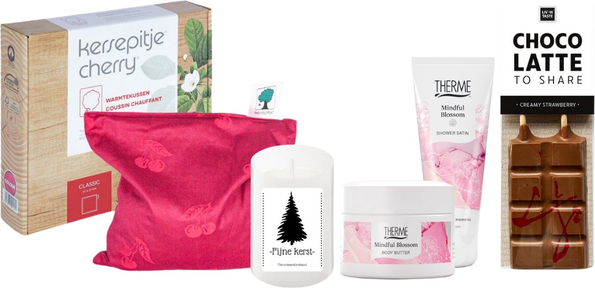 Goedkoopste Therme Cadeauset Warme Kerst Chocolade & Warmtekussen Mindful Blossom - Kersepittje Warmtekussen Classic 27x27cm - Therme Mini Body Butter Mindful Blossom - Therme Mini Shower Satin Mindful Blossom