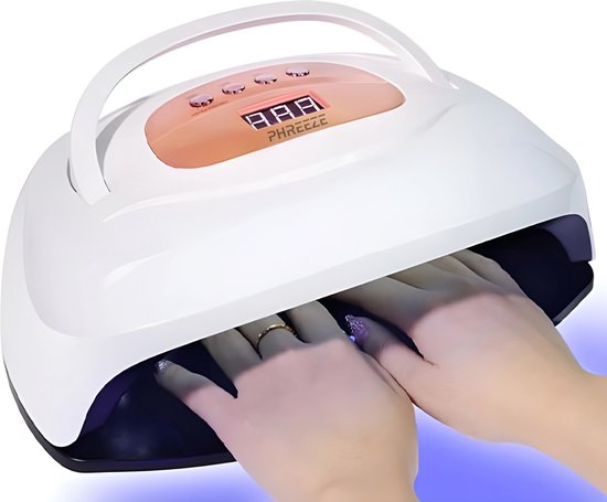 Witte UV-nagellamp met digitale timer en twee handen erin.