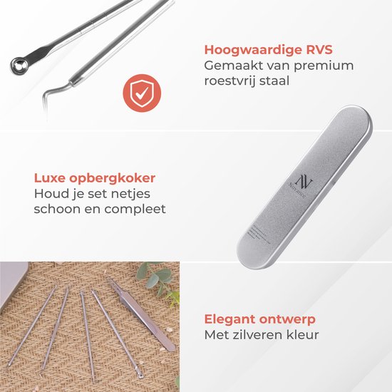 Close-up van zilverkleurige mee-eter verwijderaars en een zilverkleurige opbergkoker. Hoogwaardig roestvrij staal.