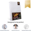 Wit Superieur hoeslaken verpakt, met "Premium Quality" badge en iconen voor katoen, pasvorm en slaapcomfort.