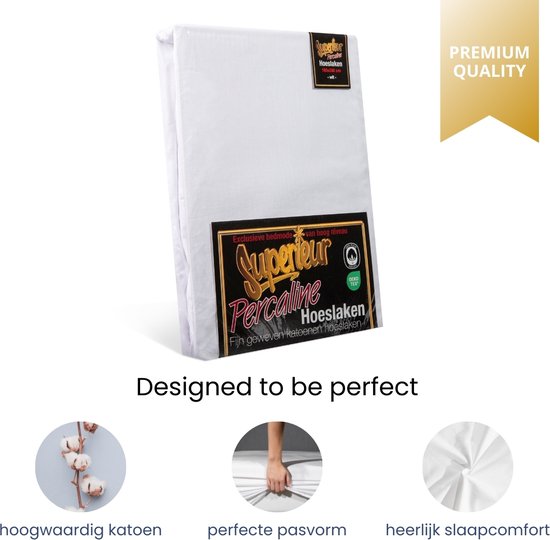 Wit Superieur hoeslaken verpakt, met "Premium Quality" badge en iconen voor katoen, pasvorm en slaapcomfort.