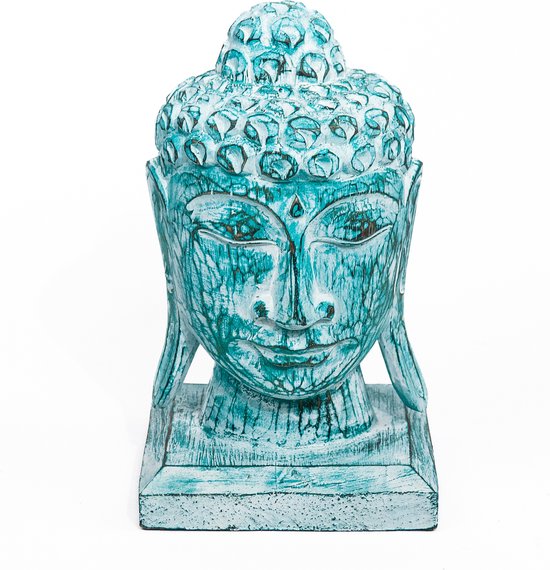 Houten Buddha Hoofd in Turquoise Kleur