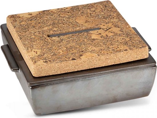 Foto: Dutchdeluxes handgemaakt keramiek ovenschotel met deksel inclusief kurken onderzetter 23x23x7 cm platinum grijs