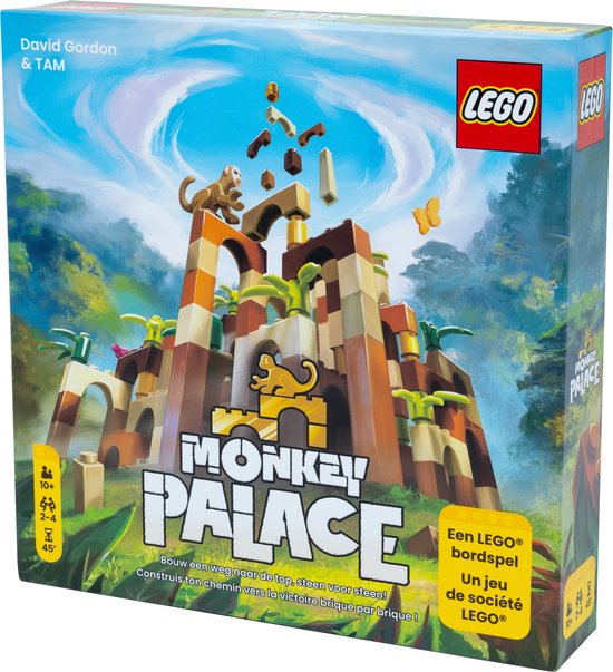 De doos van LEGO Monkey Palace met een bruine, oranje en beige toren en apen, met de tekst "Monkey Palace" en "LEGO".