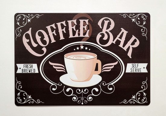 Plaque brun foncé avec 'Coffee Bar' en lettres roses, une tasse de café et des ailes. À gauche 'Fresh Brewed', à droite 'Self Serve'.