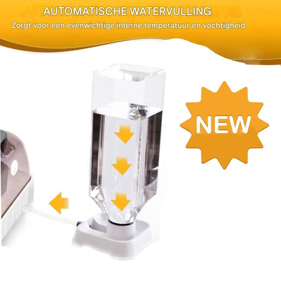 Waterfles met pijlen die automatische watertoevoer aangeven. "NEW" in een ster.
