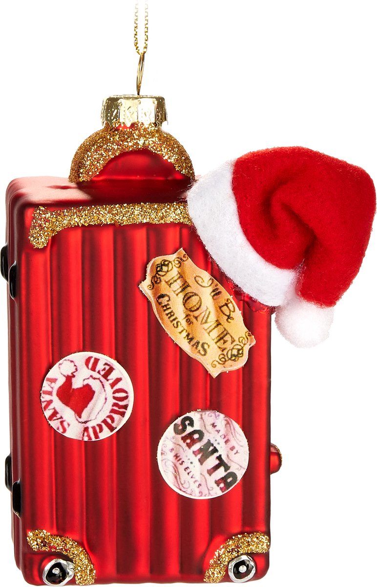 BRUBAKER Koffer van de kerstman, met de hand beschilderde glazen kerstbal, 12 cm, kerstkoffer, rood met kerstmuts, mondgeblazen kerstboomversiering