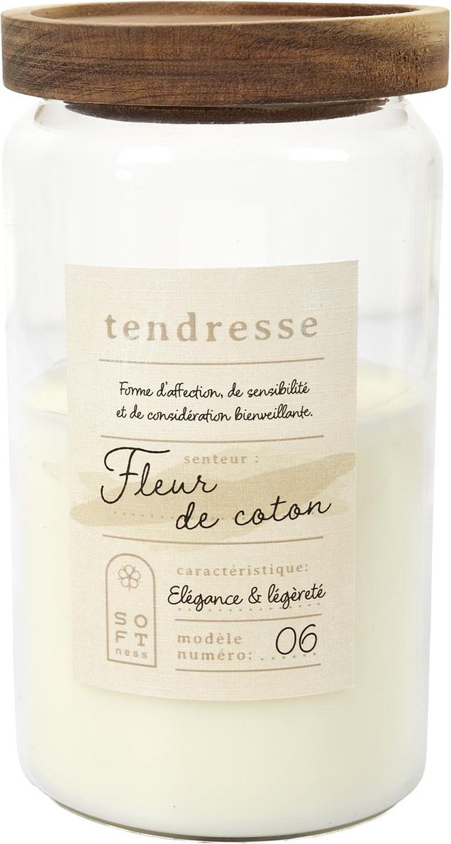 WDMT Geurkaars in Glazen Pot met Massief Houten Deksel - Fleur De Coton Geur - Ø 9 x 16,5 cm - Luxe Sfeerkaars voor Thuis - Wit