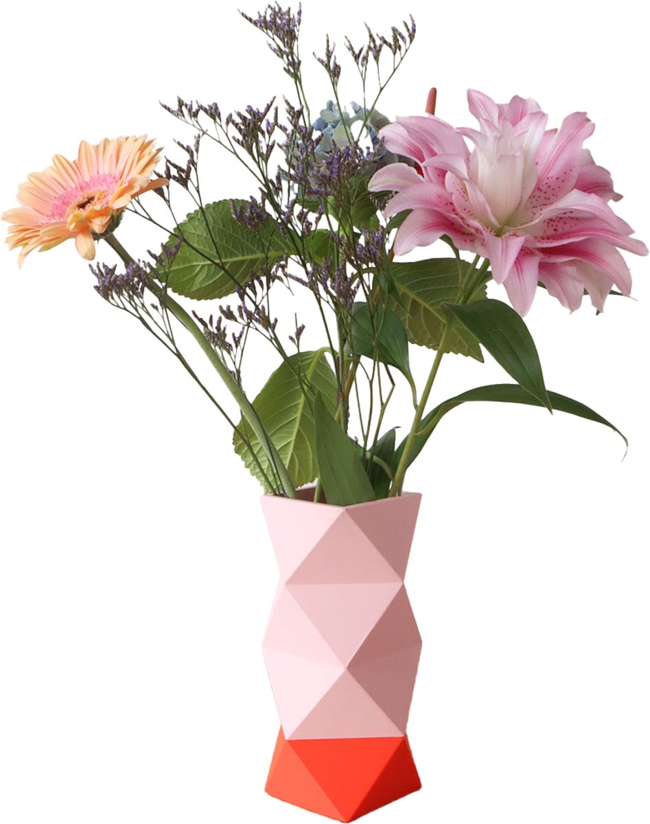 KLOQ - Origami Vaas - 3D Geprint - Woonkamer Decor - Bloemenvase - Perzik Pastel en Neon Oranje - Groot