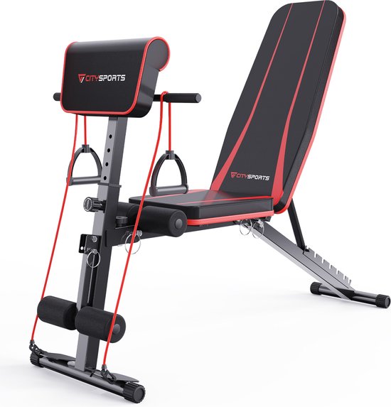CITYSPORTS S1 Halterbank - Fitnessbank - Verstelbaar - Inklapbaar - Trainingsbank – Bench Press - multifunctionele opvouwbare gewichtsbank met 7 verstelbare posities en 2 trainingsbanden - gewichtsbank voor thuisgymnastiek