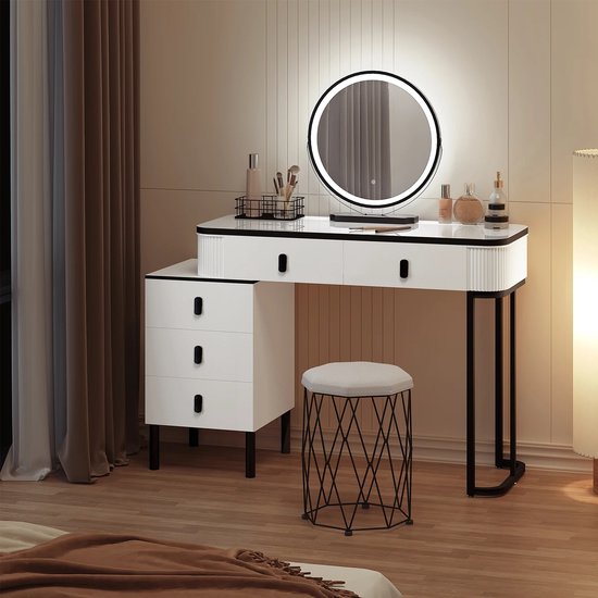 Kaptafel met spiegel en comfortabele kruk, moderne make-uptafel, 4 lades, 4 planken, wit, 87x40x144CM