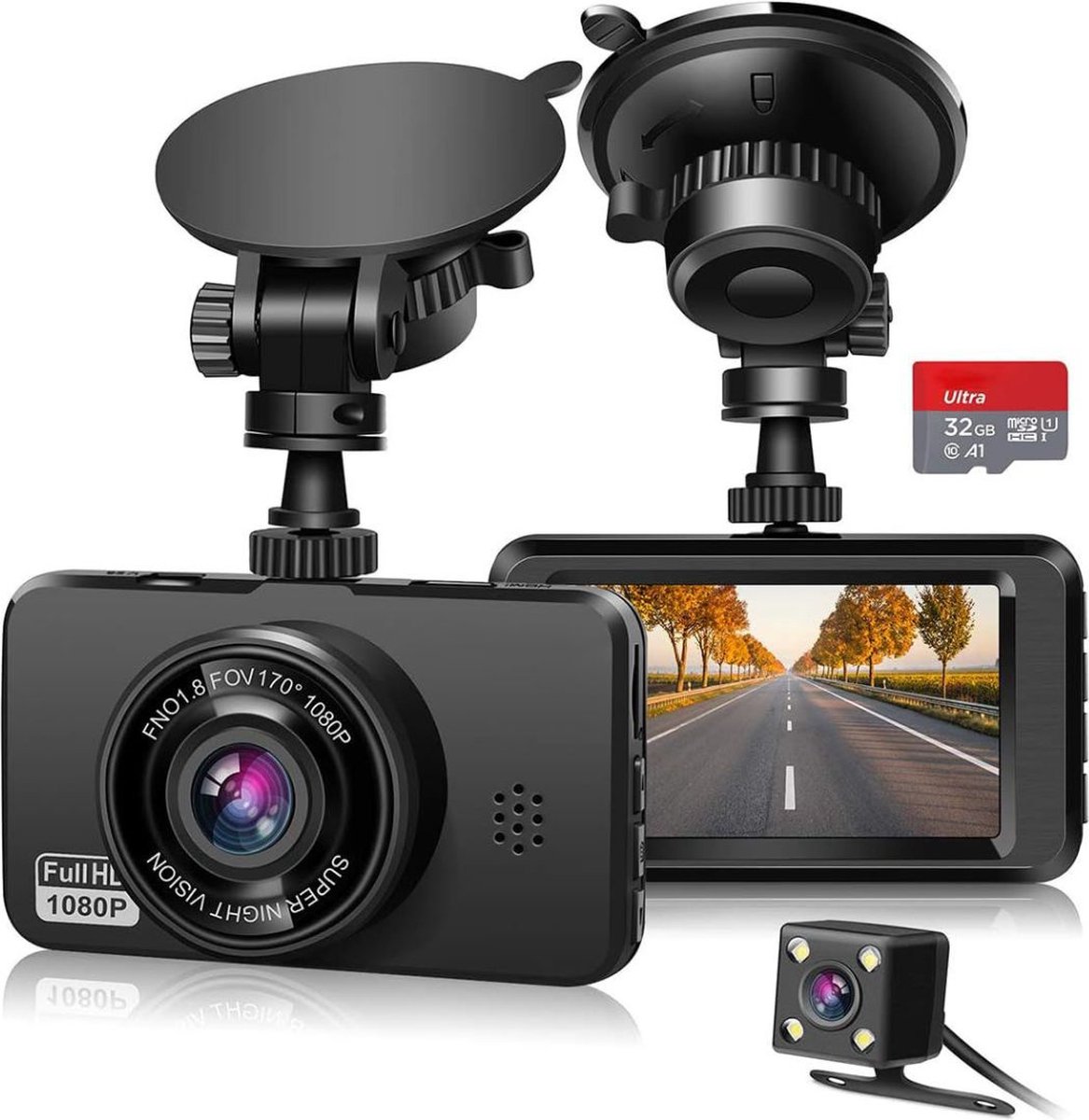 White-label® Dashcam voor Auto - Dualdashcam Voor en Achter - Full HD - Zwart