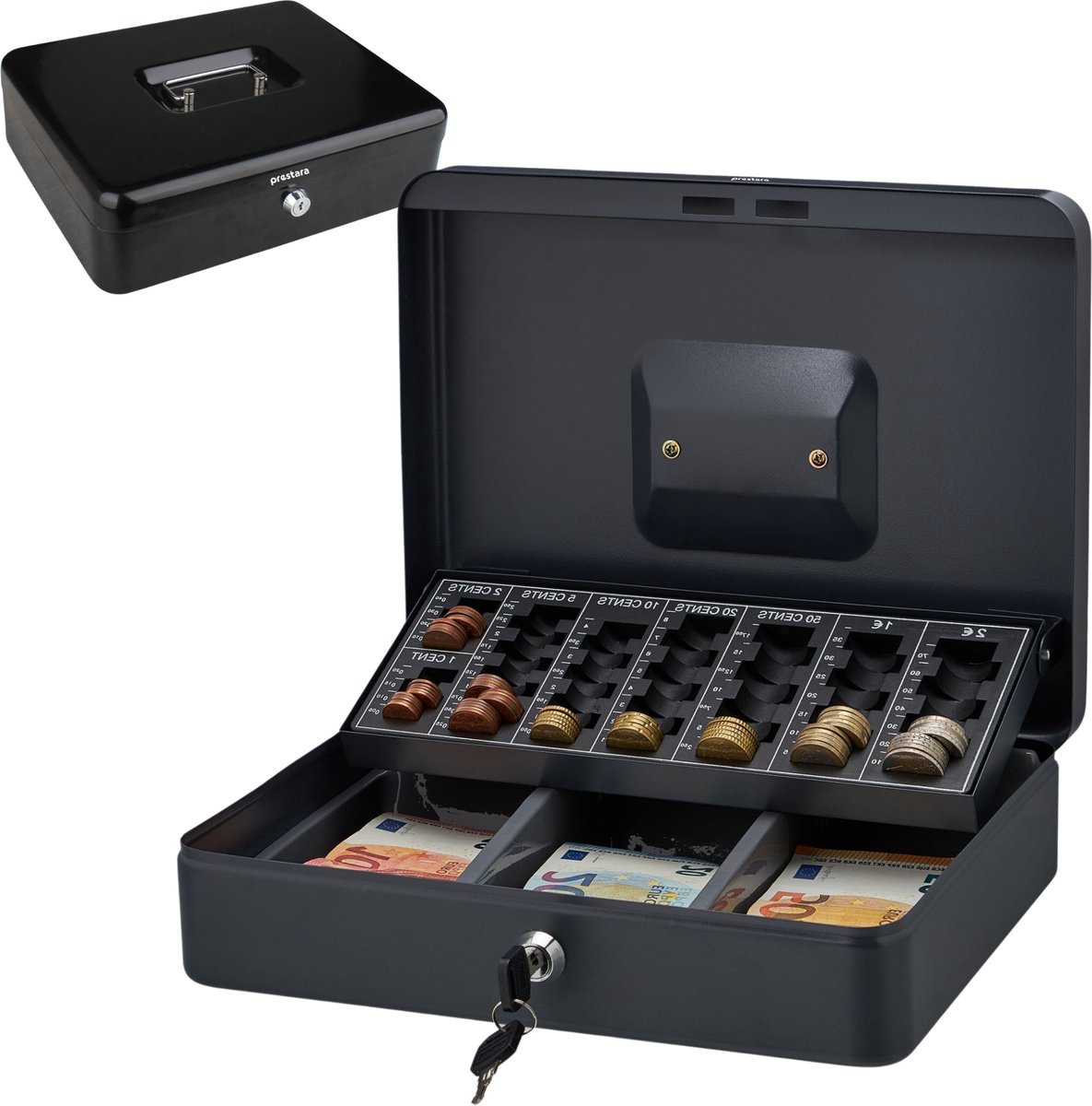 Prestara Geldkistje met Sleutels – Staal – Zwart – Muntenbakje – 30 x 24 x 9 cm – Veilig Geldkluisje