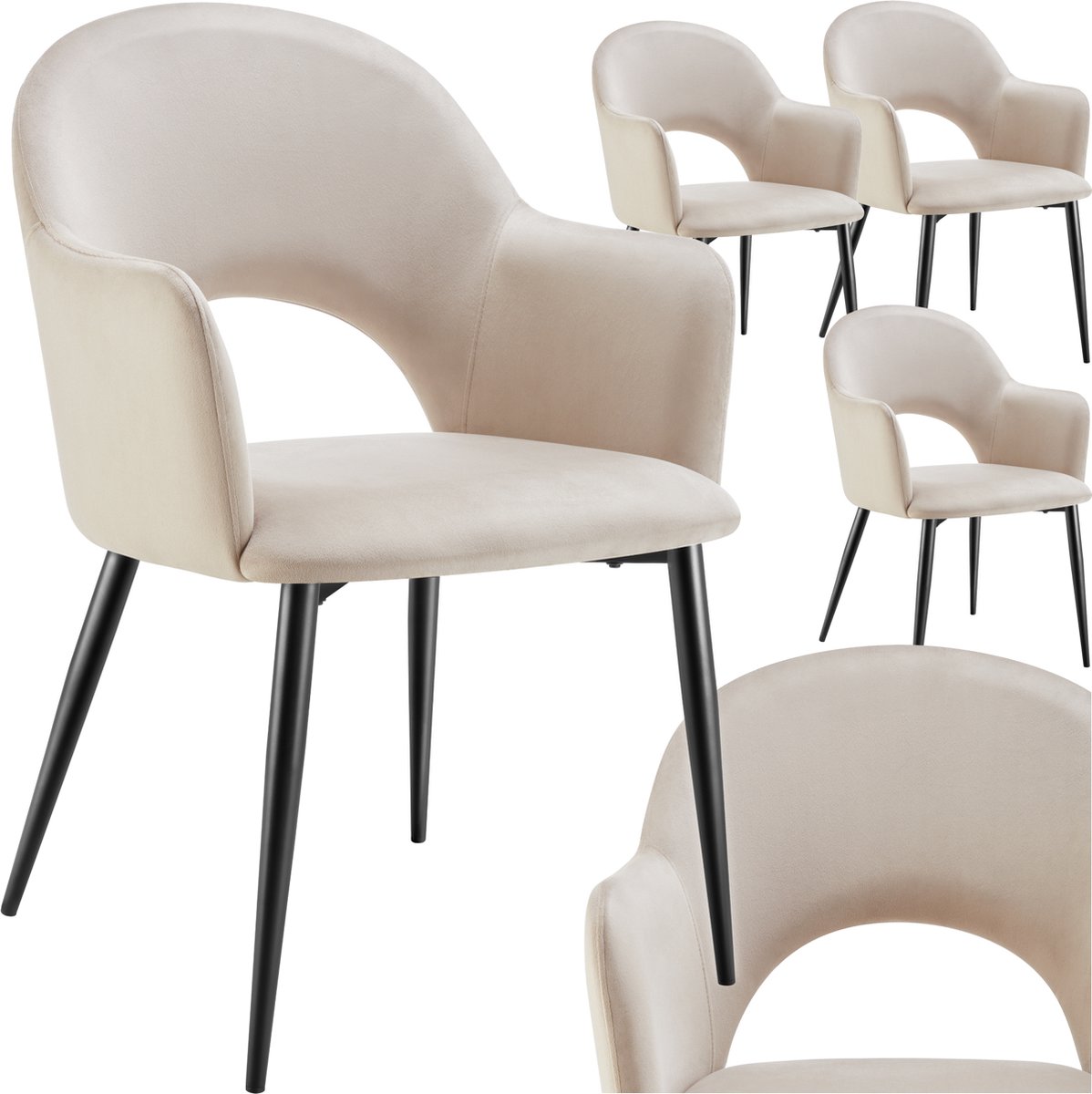 tectake® Set van 4 Eetkamerstoelen Sachel - Fluweellook Gestoffeerde Fauteuils - Keukenstoel - Ergonomische Stoelen voor Woonkamer en Keuken - Eetkamerstoel met Armleuning - 120 kg Draagkracht per Stoel - Creme