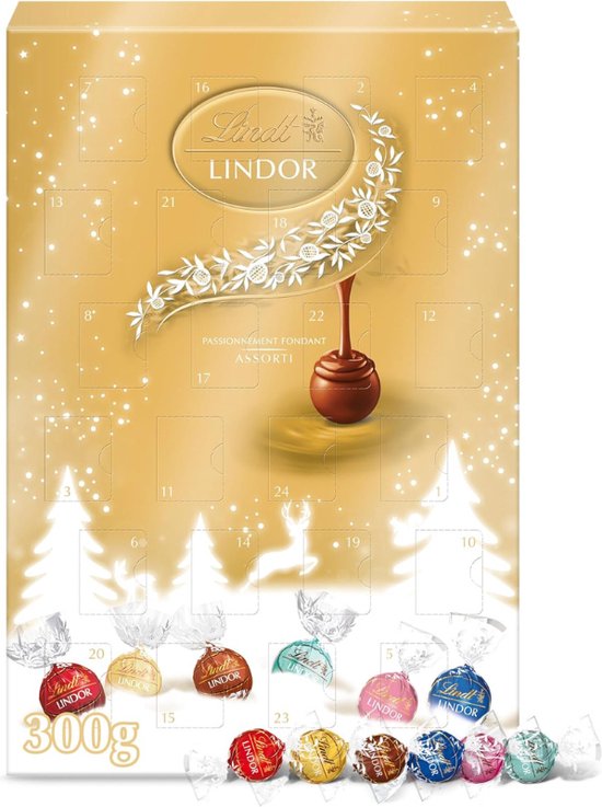 LINDOR Adventskalender Chocoladebonbons Mixed 300g 24 Chocolade Verrassingen voor de Aftelling naar Kerstmis met