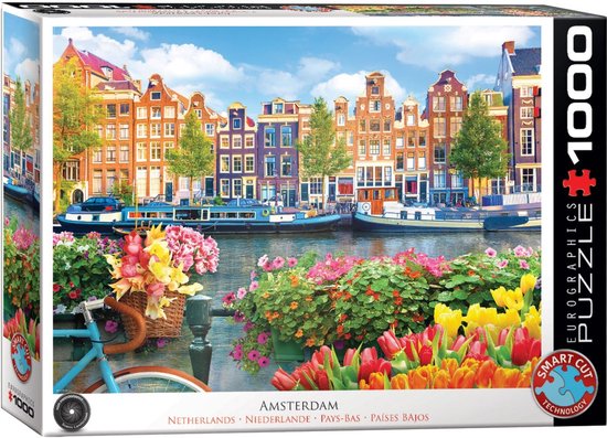 1000-delige legpuzzel met Eurographics Smart Cut technologie van een Amsterdamse gracht met kleurrijke huizen, boten en bloemen.