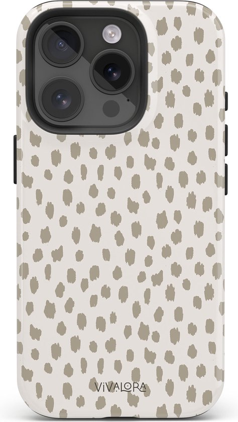 Coque de téléphone avec imprimé de taches beiges et logo VIVALORA, pour iPhone.