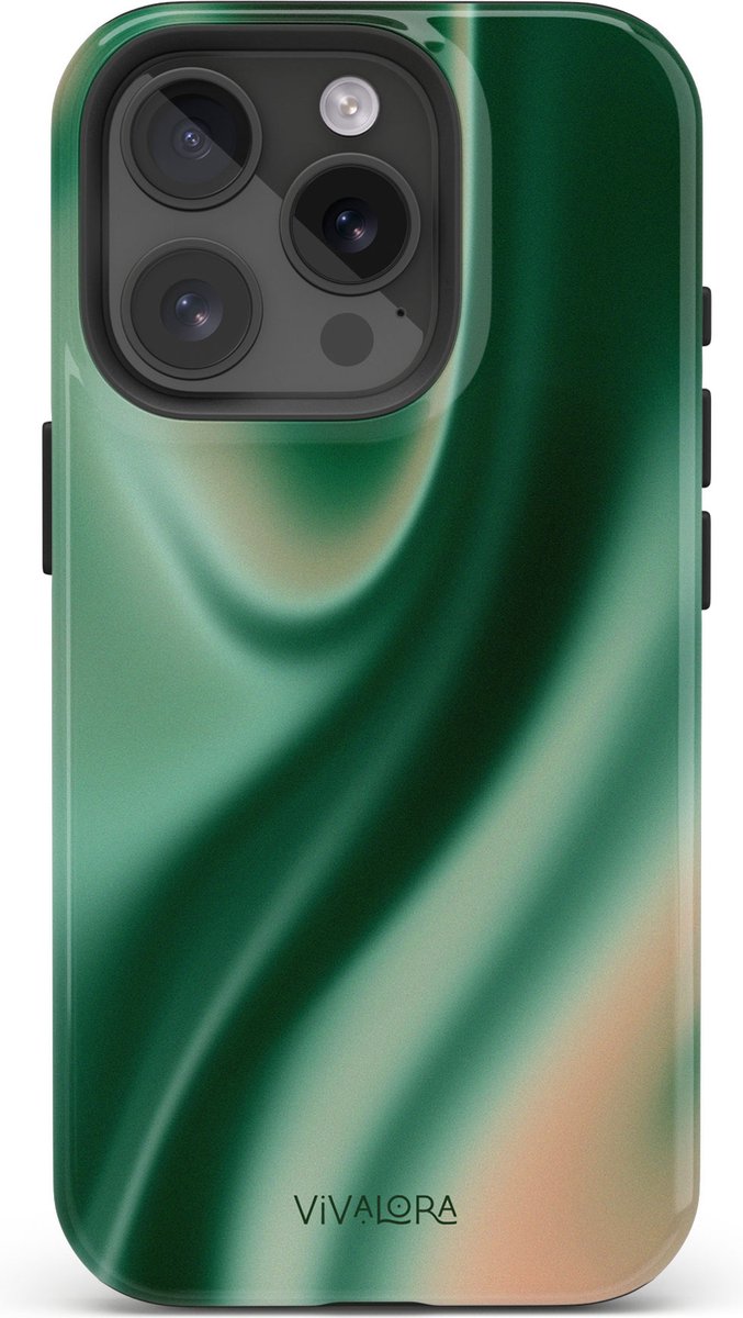 VivaLora Tough Telefoonhoesje iPhone 15 Pro met MagSafe - Satin Shimmer Print - 2-in-1 Phone Case - Hard Case & Siliconen Backcover - Extra Bescherming - Shockproof Cover - Gradient Groen