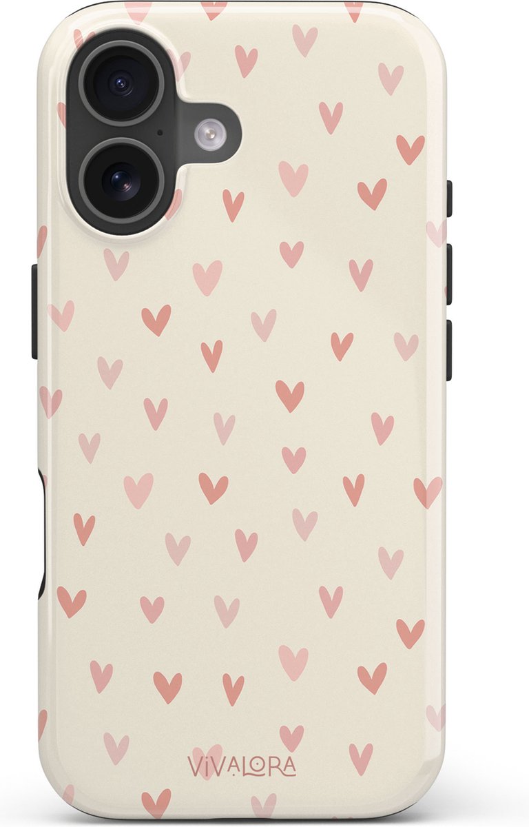 VivaLora Tough Telefoonhoesje iPhone 16 met MagSafe - Hartjes Print - Love Confetti - 2-in-1 Phone Case - Hard Case & Siliconen Backcover - Extra Bescherming - Shockproof Cover - Roze