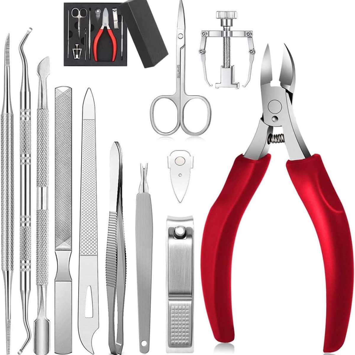Goedkoopste 12 stuks nageltangset, nageltang voor dikke en ingegroeide harde teennagels, roestvrij staal, pedicure knipper nagelknipper. Nagelvijl en zachte grip, nagelschaar set (rood