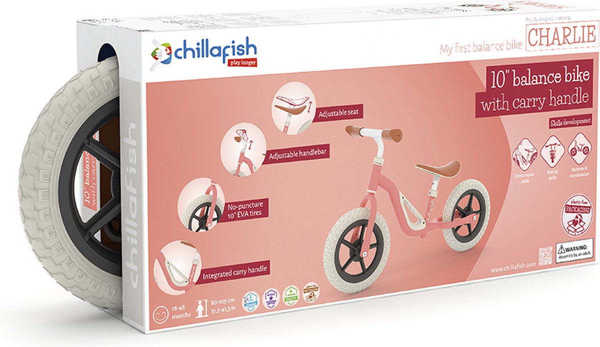 Chillafish Loopfiets 2 jaar - Lichtgewicht met verstelbaar zadel en stuur - Roze - Loopfiets voor jongens en meisjes tot 4 jaar met handvat om te dragen en anti lek banden - Model Charlie — afbeelding 6