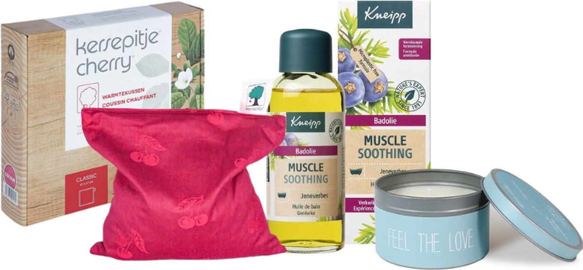 Goedkoopste Kneipp Cadeauset Bad, Kaars & Kersepitje Warmtekussen - Kneipp Bad Olie Muscle Soothing - Kersepittje Warmtekussen - My Flame Kaars Blikje Feel the Love