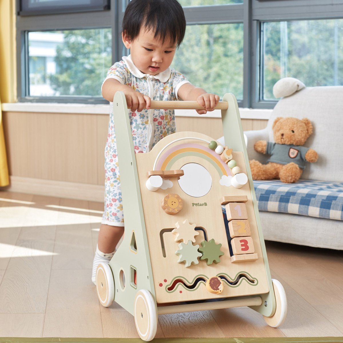 PolarB Houten Loopwagen Groen – Baby Walker met speelfunctie (12+ mnd) – Looptrainer met Opbergruimte - Snel leren lopen - Anti slipbanden – foto 4