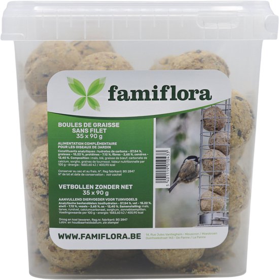 Famiflora set van 35 mezenbollen zonder netje - 35 x 90g - in emmer - Zonder netje voor meer veiligheid en minder milieu-impact - Maxi verpakking biedt langdurige voeding zodat vogels vaker terugkomen