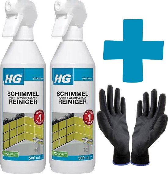 Twee flessen HG schimmel-, vocht- & weerplekkenreiniger 500ml en een paar zwarte handschoenen, met een blauw kruis.